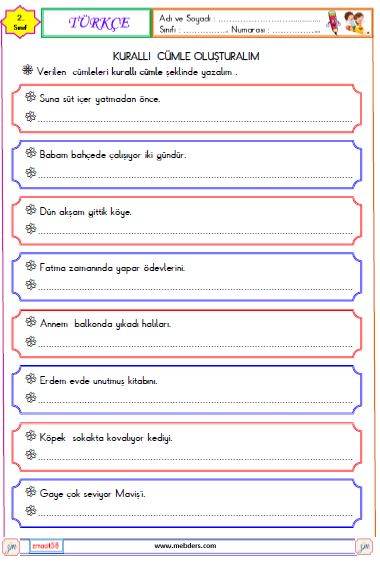 2. Sınıf Türkçe Kurallı Cümle Etkinliği